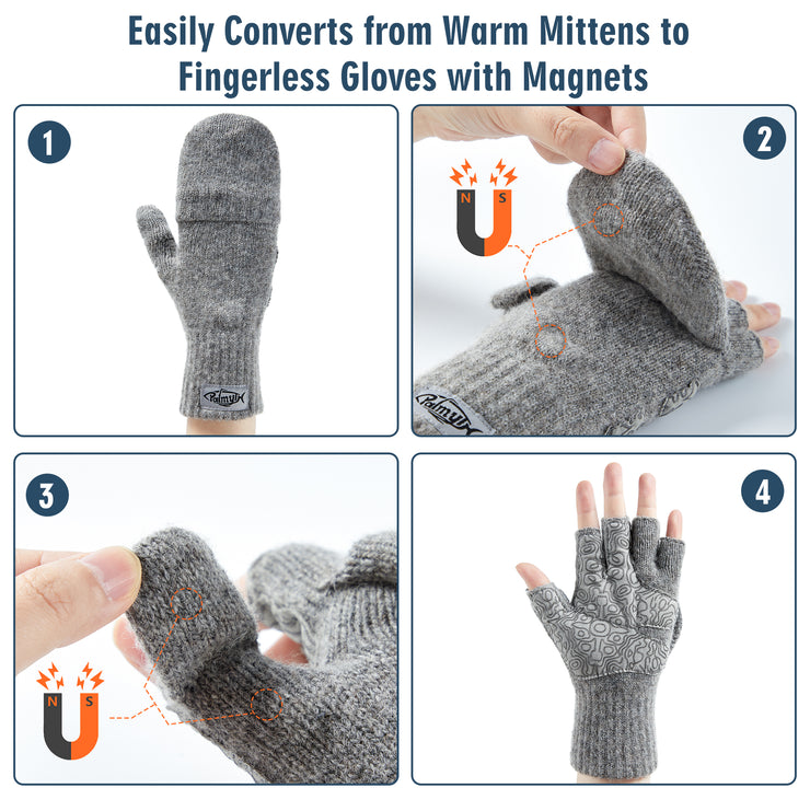 Wool Gloves Fingerless - Magnet Flip Mittens